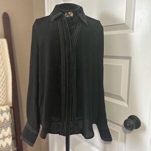 Elie Tahari Black Long Sleeved Blouse with White Stitching